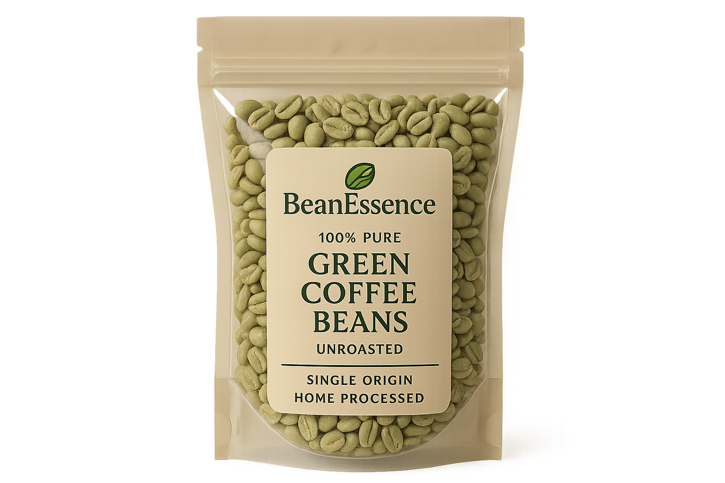 100% Pure Green Coffee Beans – Unroasted, Single Origin, Home Processed packed in a transperant stand up pouch branding BeanEssence