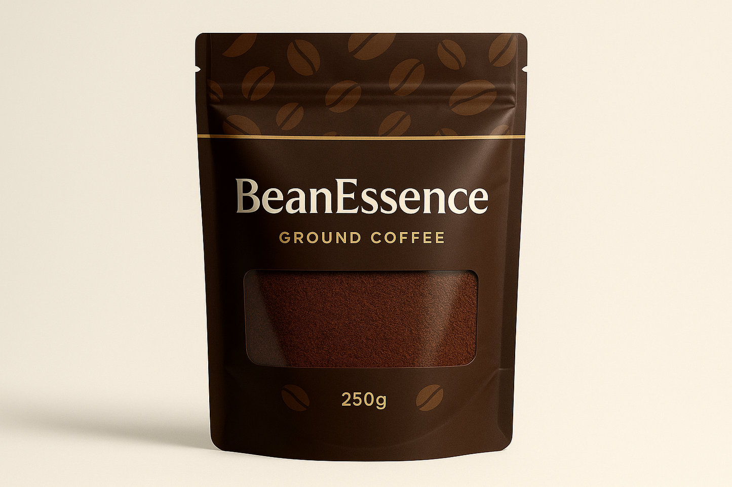 make image of ground coffee packed in stand pouch of 250 grams, brand name BeanEssence