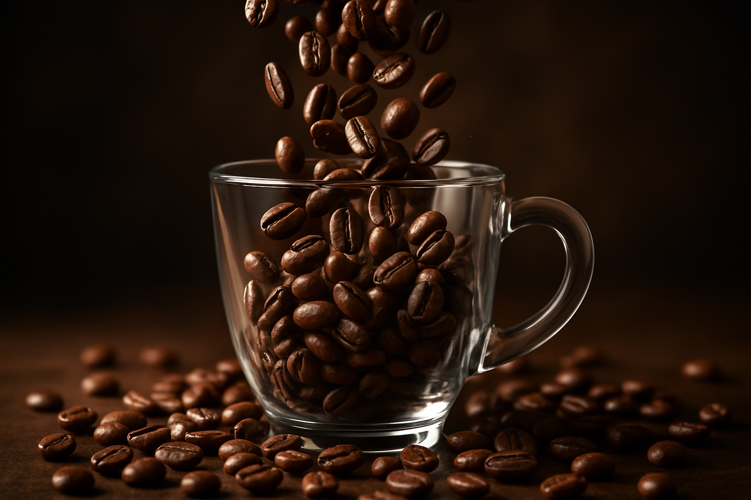 whole coffee bean pouring on transperant coffee cup