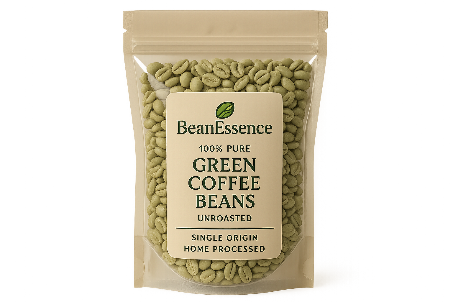 100% Pure Green Coffee Beans – Unroasted, Single Origin, Home Processed packed in a transperant stand up pouch branding BeanEssence