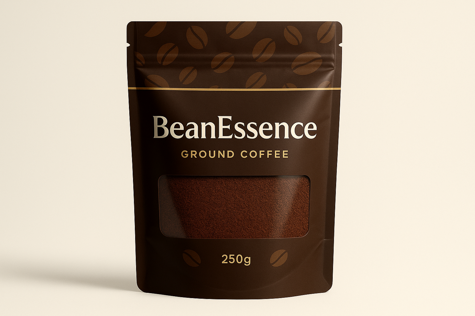 make image of ground coffee packed in stand pouch of 250 grams, brand name BeanEssence